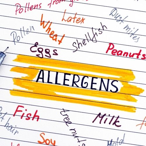 word cloud centering around the word allergens - lists wheat, shellfish, latext, milk