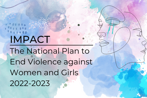 Text:Impact - National plan to end violence against women and children. Line drawing of woman's face on pastel watercolour background